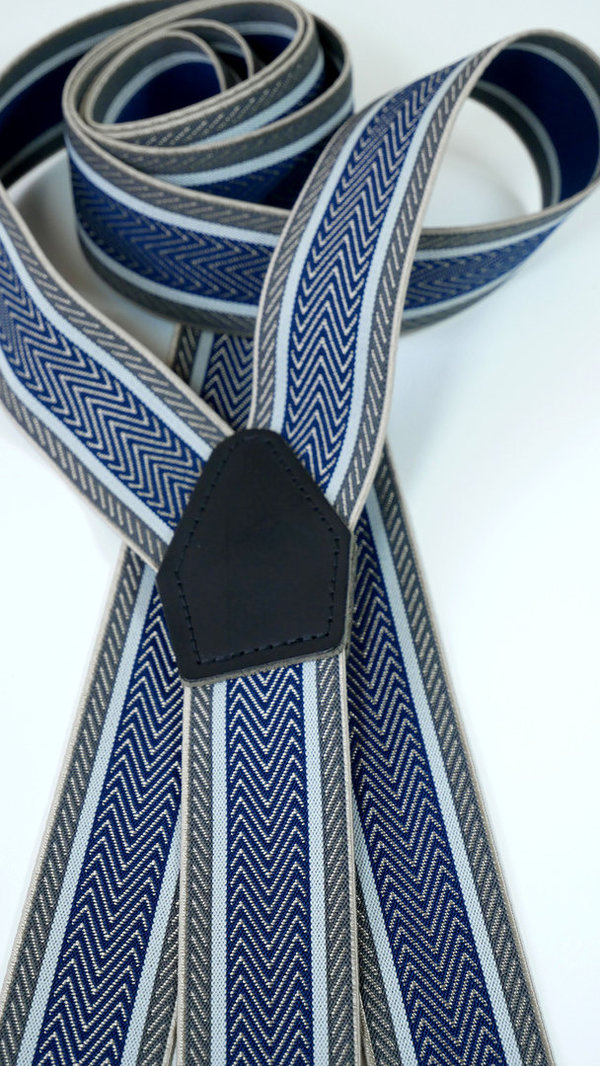 Hosenträger Zickzack Muster Blau / Grau, 120cm - glanz