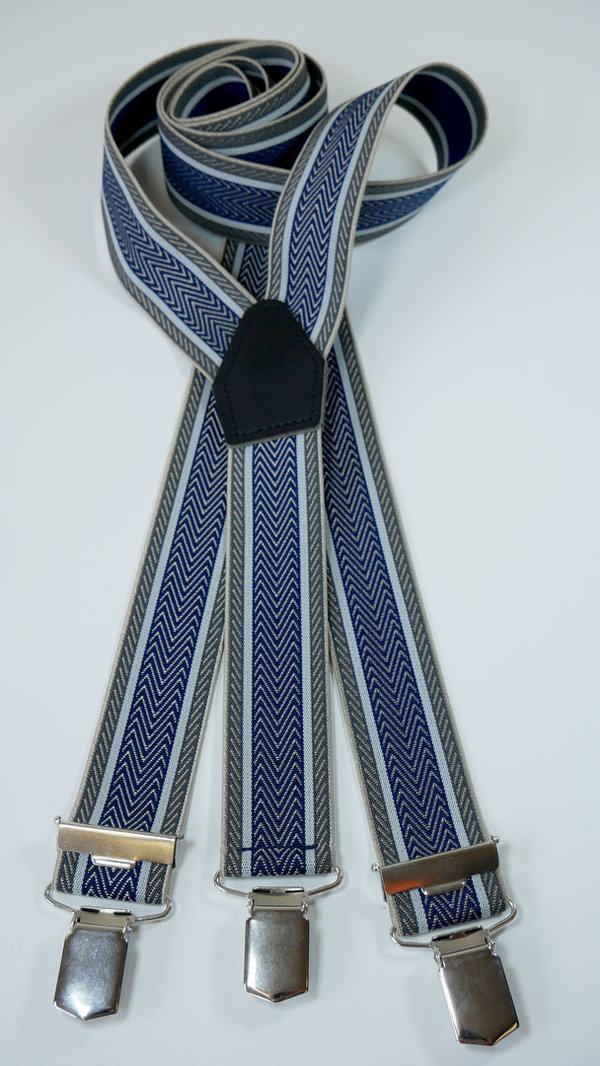 Hosenträger Zickzack Muster Blau / Grau, 120cm - glanz